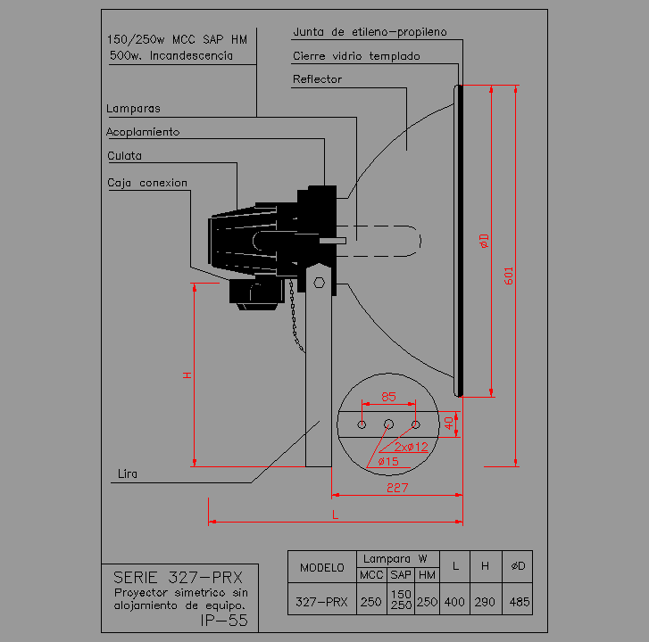 Bloque Autocad Proyector asimétrico sin alojamiento serie 327-PRX.